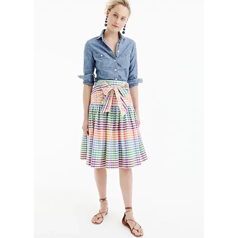 J Crew Womens Rainbow Gingham Skirt 00 Check Pleated Bow A Line Colorful Spring